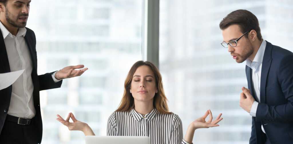 Calm,Female,Worker,Meditate,At,Workplace,Managing,Stress,Not,Paying