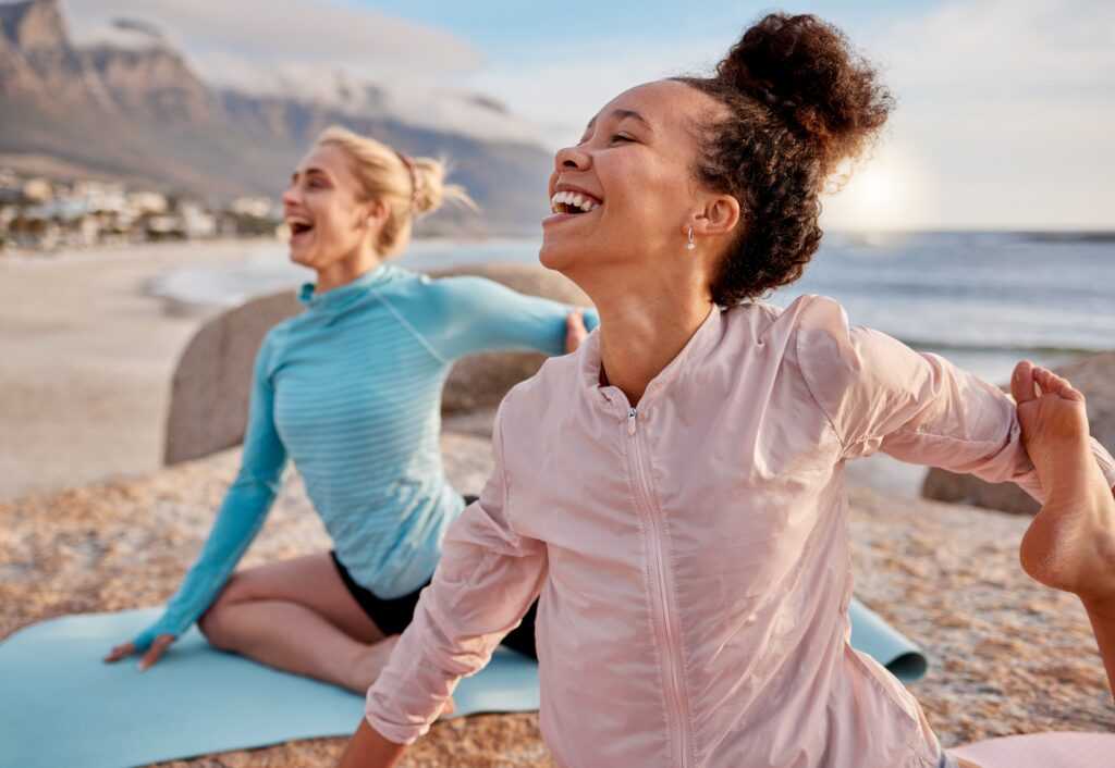 Yoga,,Laugh,And,Woman,Friends,On,The,Beach,Together,For